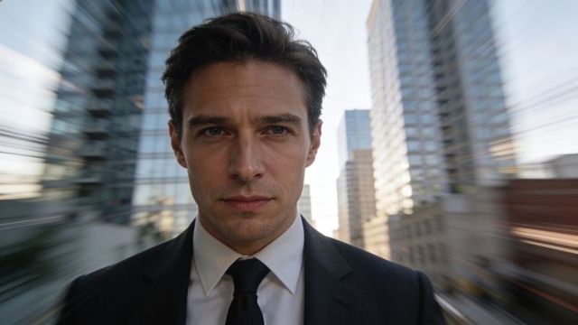 Confident businessman standing in downtown glass highrise corridor with dynamic radial blur