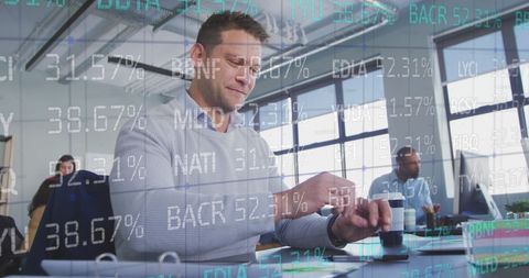Businessman Engaged with Smartphone and Financial Stock Overlay