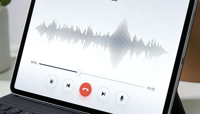 Tablet displaying audio waveform and playback controls on folio keyboard, podcast editing