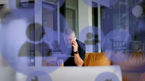 Man Social Networking on Phone with Digital Overlay