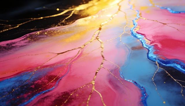 Flowing magenta and cyan resin art with metallic gold veins and glossy marbled texture