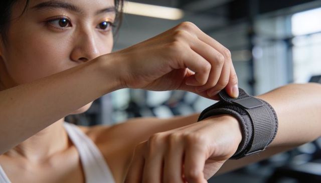 Asian woman fastening wrist support strap before strength workout, focused closeup gym