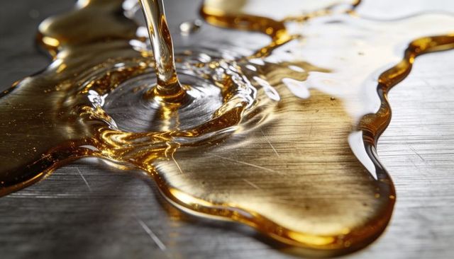 Pouring golden syrup creating glossy viscous vortex on brushed steel macro food texture