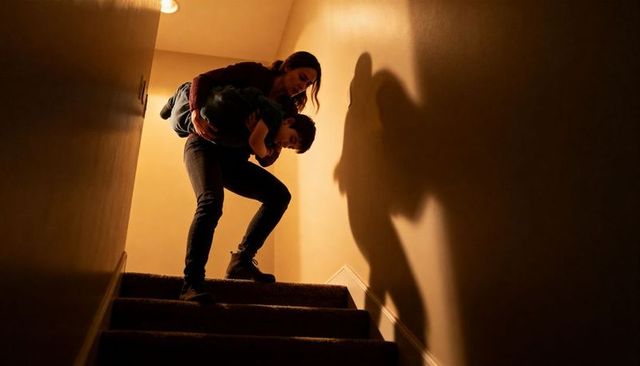 Woman carrying child down dimly lit staircase casting dramatic shadow and warm amber light
