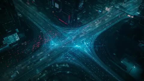 Futuristic Urban Intersection with Flowing Light Trails at Night