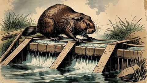 Beaver engaged in crafting on a stream dam