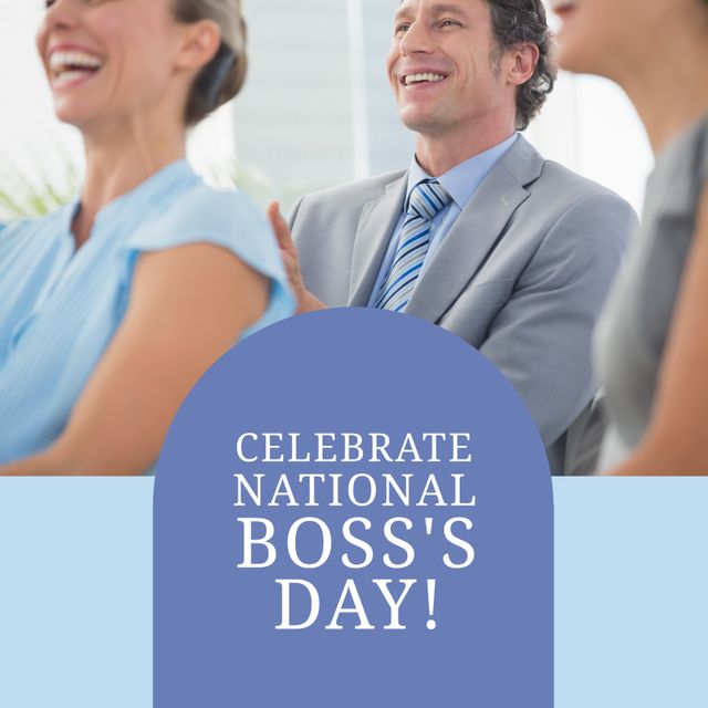 Composition of celebrate national boss's day text over diverse business people on blue background. Boss's day and celebration concept digitally generated image.