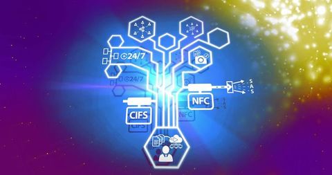 Glowing Network-Tree Visualizing CIFS, NFC and Hexagonal Circuit Topology on Neon Gradient