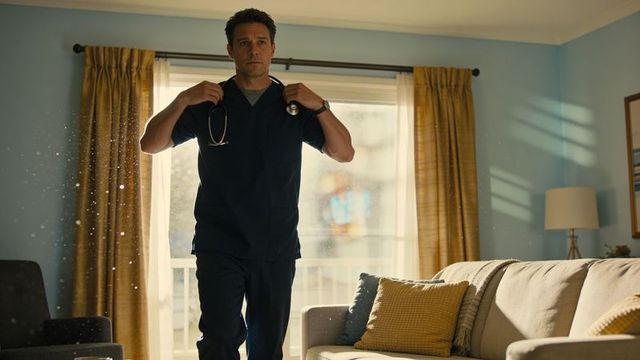 Clinician returning home adjusting stethoscope in sunlit living room with dust motes