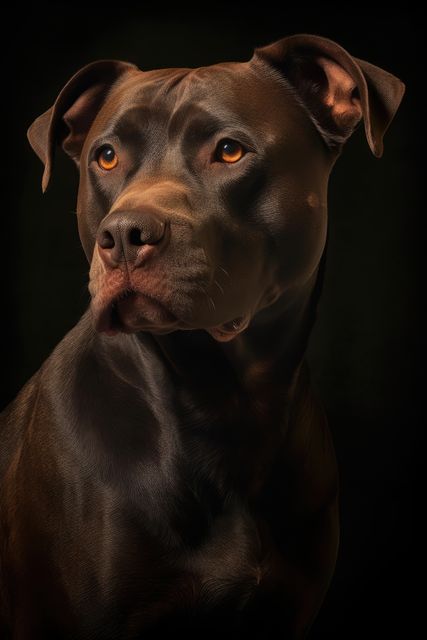 Close-up portrait of a brown pitbull with an intense gaze against a dark background. Ideal for use in pet-related marketing, animal welfare campaigns, educational materials on dog breeds, or decorative art for pet lovers.