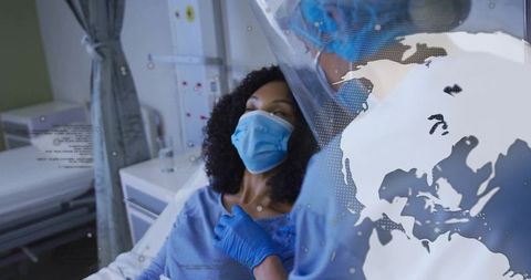 Female nurse performing patient check in hospital room with technology overlay