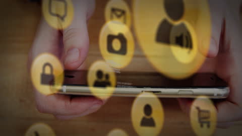 Hands Using Smartphone with Overlaid Communication Icons