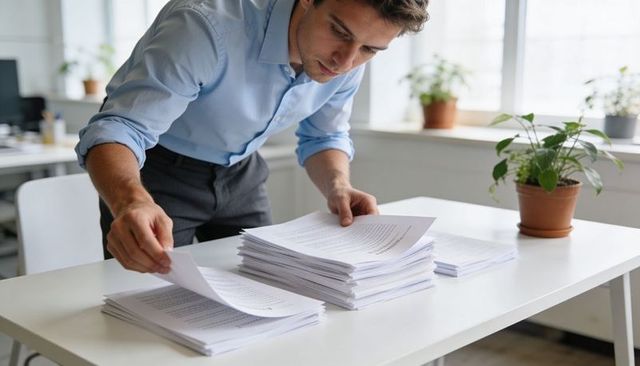 Man organizing document stacks on white desk in modern office with potted plants