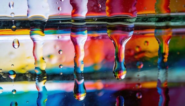 Clinging water droplets refracting vivid rainbow spectrum on glass macro abstract