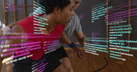 Basketball players defending on hardwood court with augmented code overlay for analytics