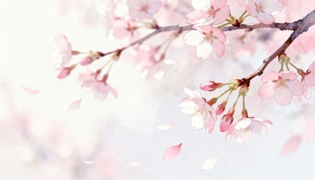 Delicate pink cherry blossom branch with falling petals, watercolor spring background