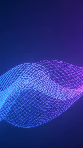 Looping Neon Wireframe Wave Flowing Right Over Purple Gradient Backdrop for Vertical Video