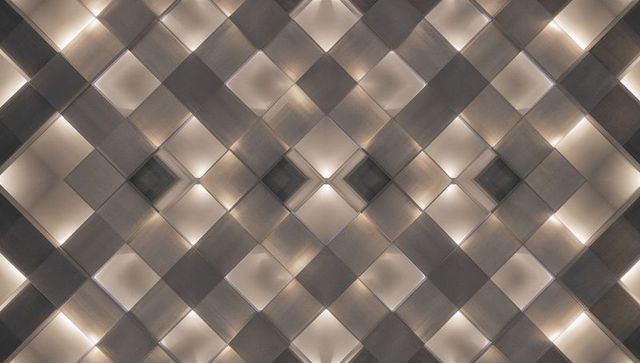 Diamond grid brushed metal wall with recessed warm lights and geometric rhombus pattern