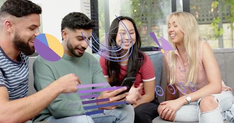Young friends sharing smartphone displaying augmented reality data visualizations on couch