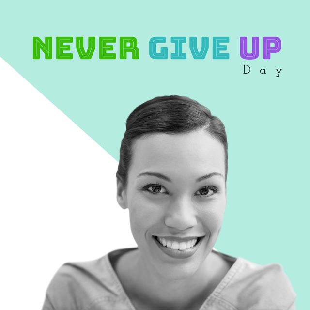 This image features a smiling Asian woman beneath colorful 'Never Give Up Day' text. It radiates positivity and inspiration, making it ideal for campaigns centered around mental health awareness, motivation, and encouragement. It is well-suited for social media posts, inspirational quotes, promotional materials for wellness events, or content aimed at empowerment and diversity.