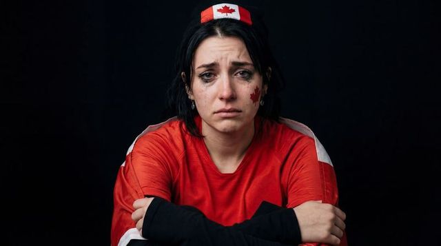 Tearful canadian sports fan expressing heartbreak wearing maple leaf face paint and red jersey