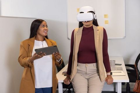 Testing vr headset for ux demo during office collaboration and workplace training session