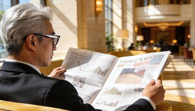 Asian executive reading financial newspaper in sunlit luxury hotel lounge, business travel