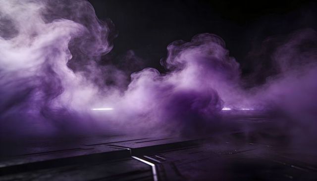 Billowing purple smoke over industrial metal floor with violet backlight and textured panels