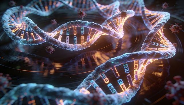 Glowing dna helix with pulsing base pairs and viral particles in futuristic molecular lab