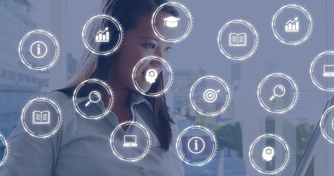 Businesswoman Engaging with Digital Interface and Data Icons - Download Free Stock Images Pikwizard.com