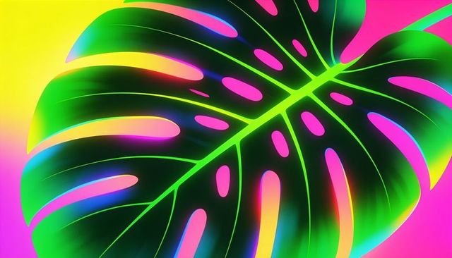 Neon monstera leaf with glowing gradients and fluorescent tropical abstract background