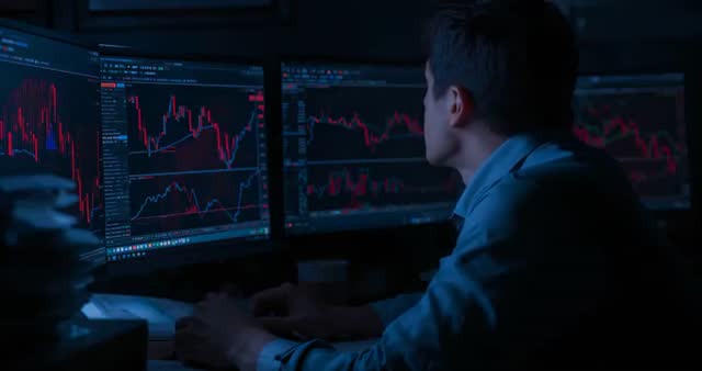 Trader Analyzing Stock Market Trends on Multiple Monitors in Dimly Lit Office