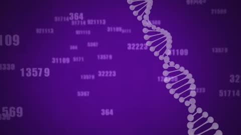 Rotating DNA Strand with Data on Purple Gradient