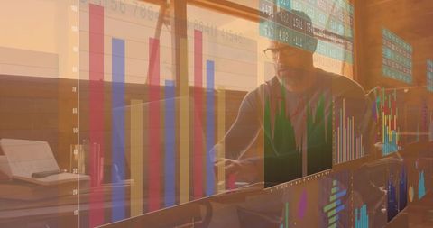 Professional Analyzing Data Amidst Financial Charts Overlay
