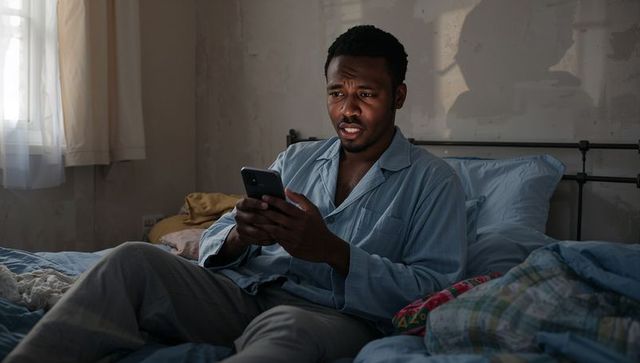 Holding smartphone and looking concerned, man in blue pajamas sitting on bed at night