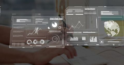 Hands Typing on Laptop with Futuristic AR Analytics Dashboards Overlaying Workspace