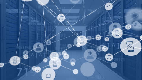 Digital Network and Data Icons Over Server Room