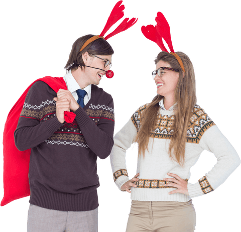 Transparent Merry Couple with Reindeer Horns in Festive Apparel