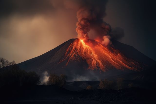 The image features an erupting volcano with glowing lava flowing down its slopes and thick clouds of ash rising into the sky. The intense red and orange hues of the lava contrast with the dark, smoky surroundings, creating a dramatic scene. This image can be used in educational material on geological phenomena, environmental studies, or as a striking visual in articles about natural disasters. Ideal for content related to Earth's natural forces, energy, and terrain transformation.