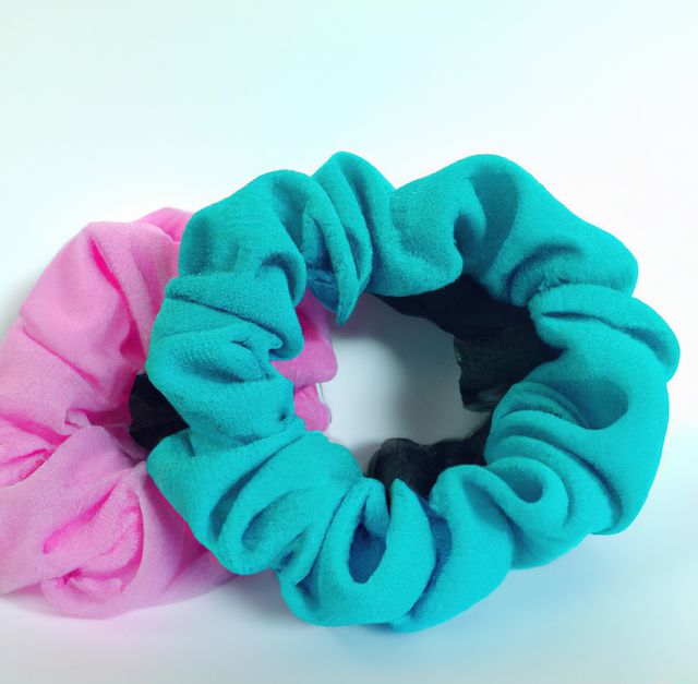 This image shows turquoise and pink hair scrunchies up close on a white background, presenting a vibrant and stylish aesthetic. This is perfect for fashion blogs, online stores selling hair accessories, or beauty product promotions. It can also be used in lifestyle articles discussing popular hair trends.