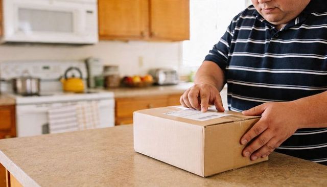Man checking shipping label on cardboard package at kitchen counter for home delivery and pickup