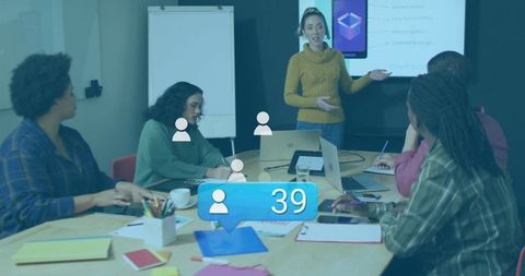 Diverse Business Team in Strategy Meeting with Digital Touch