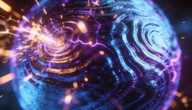 Glowing neon orb emitting purple arcs and orange sparks over ringed circuit grooves