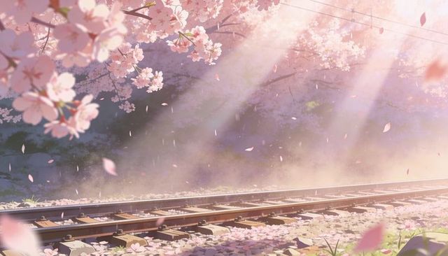 Cherry blossoms drifting over sunlit rural railway tracks, spring morning scene