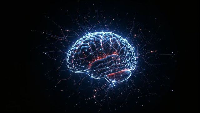 Glowing Neural Network Brain Wireframe Radiating Electric Axons and Sparking Nodes