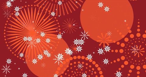 Festive red orange geometric holiday backdrop radiant circles dotted arcs snowflakes
