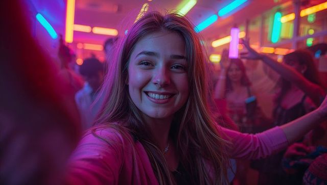 Woman Taking Selfie in Neon-Lit Nightclub