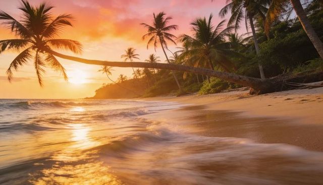 Leaning palm stretching over golden shoreline, sun setting, wet reflective sand