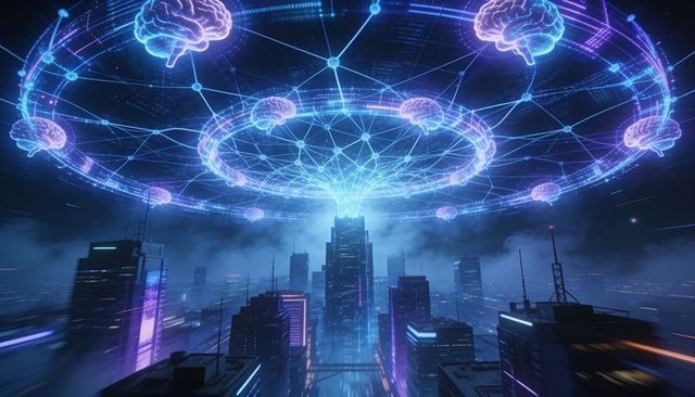 Hovering neural-network dome projecting brain holograms, beaming data into neon city skyline