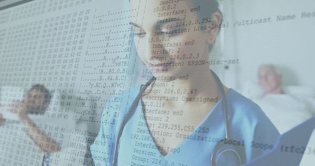 Nurse With Stethoscope Analyzing Digital Data in Hospital Ward